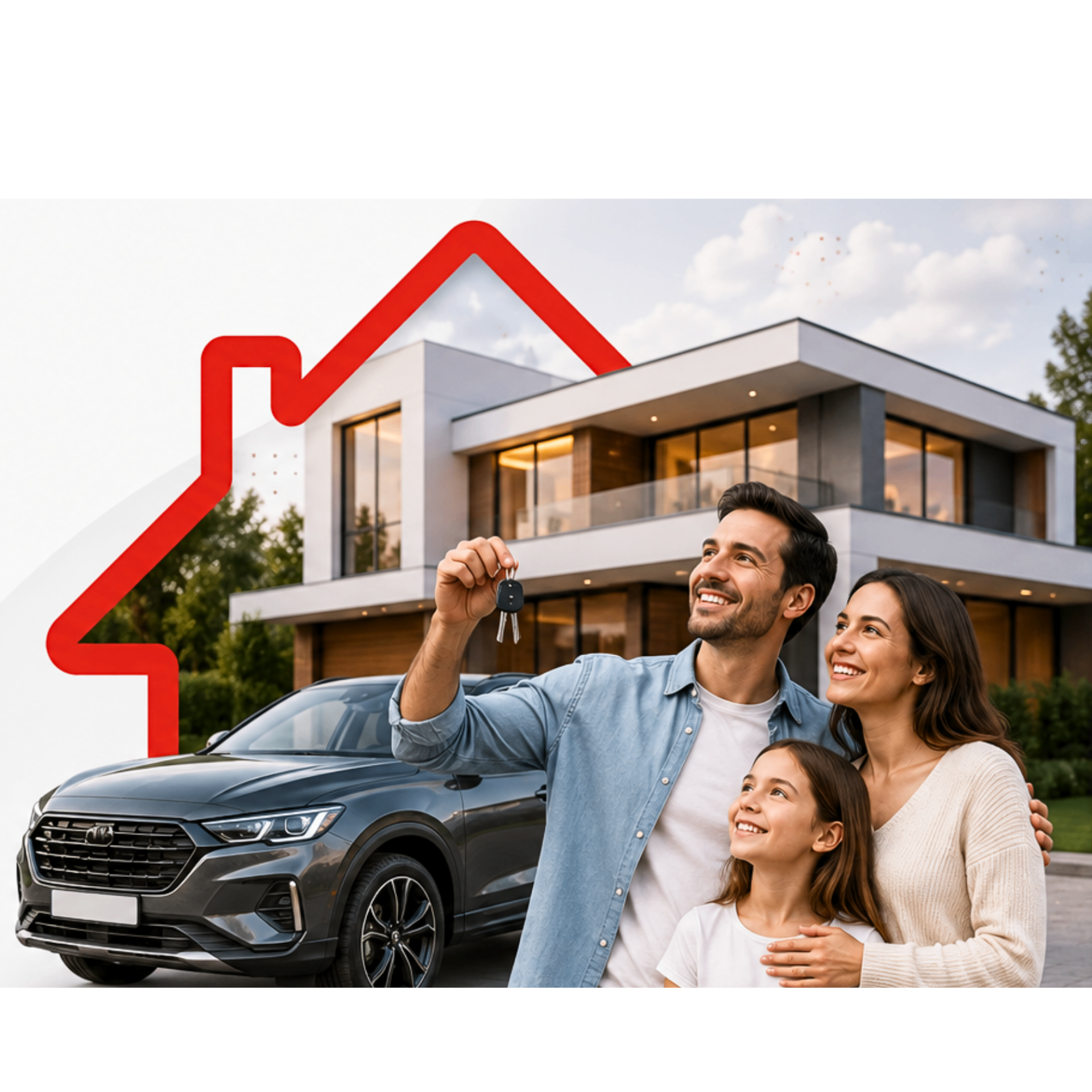 Família feliz em frente à casa própria e carro novo conquistados com consórcio MAVCON